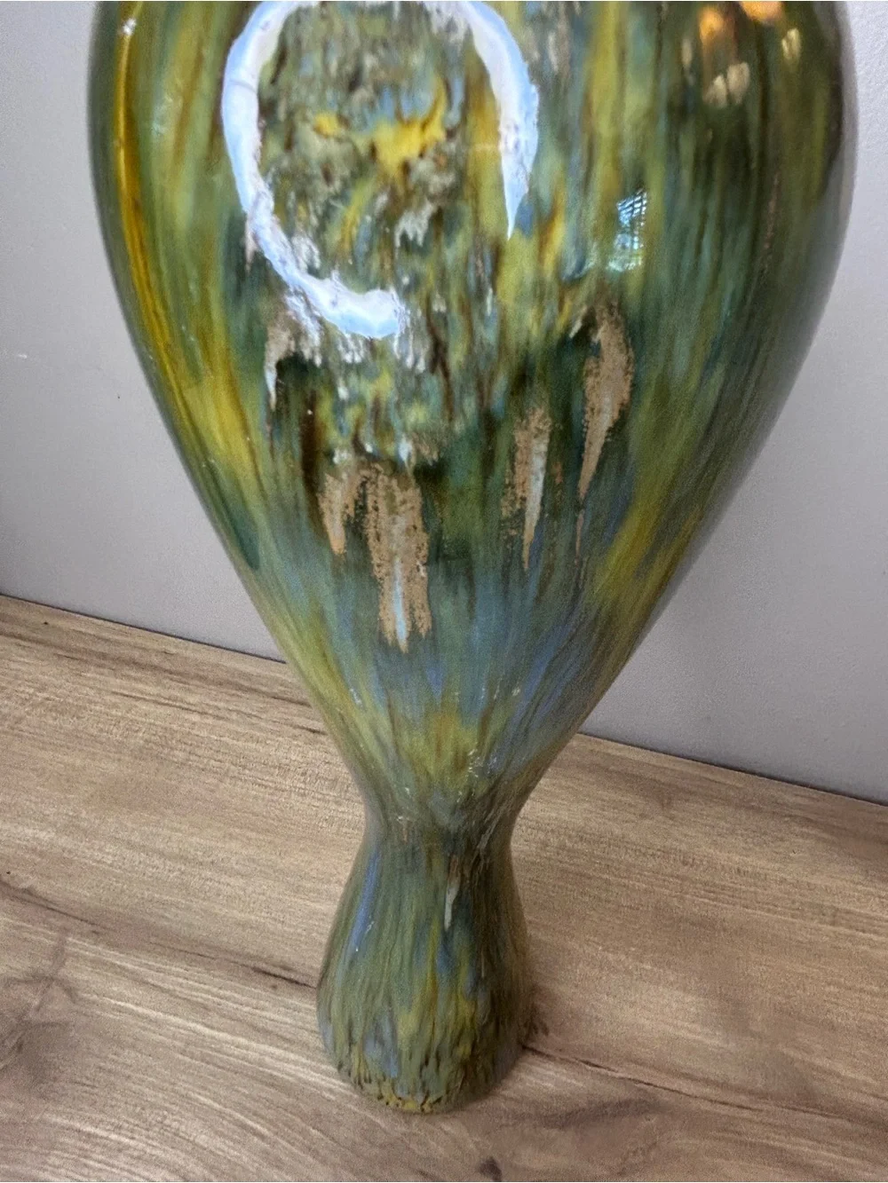 Vintage Green and Yellow Drip-Glaze Hourglass Vase